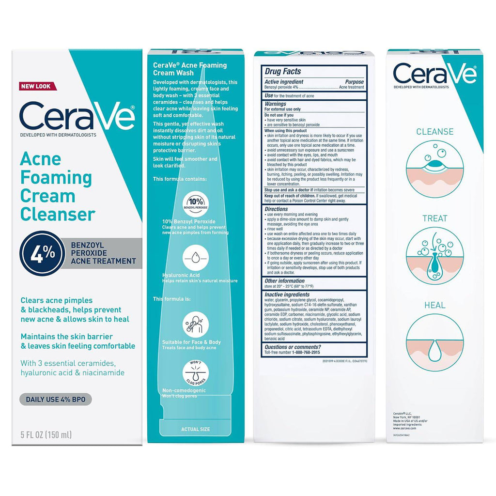 SlimBag CeraVe Acne Foaming Cream Cleanser with 4% Benzoyl Peroxide, hyaluronic acid, niacinamide, and ceramides for acne treatment