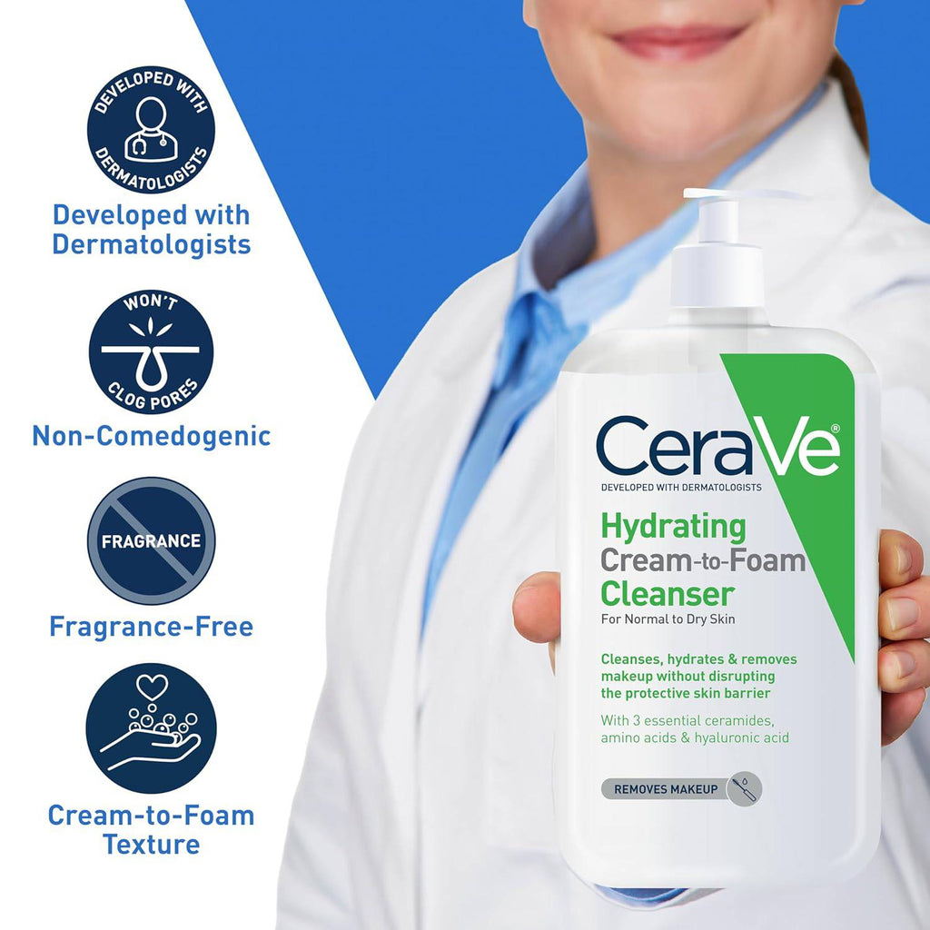 SlimBag CeraVe Hydrating Cream To Foam Cleanser for dry skin, facial makeup remover with hyaluronic acid, fragrance-free, 19 oz