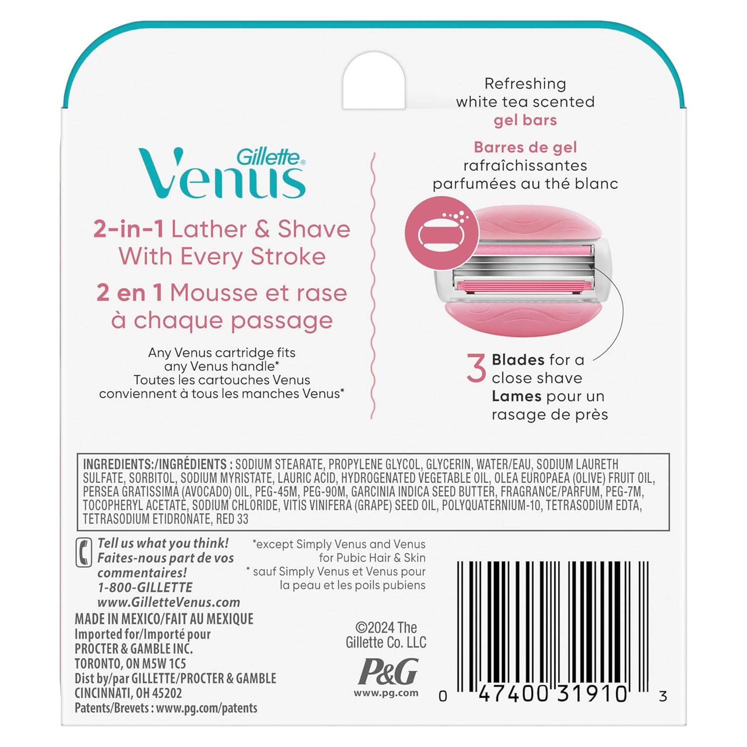 Gillette Venus ComfortGlide White Tea Women's Razor Blades, 3-Blade Razor Refills, 6 Count, Holiday Gifts for Women