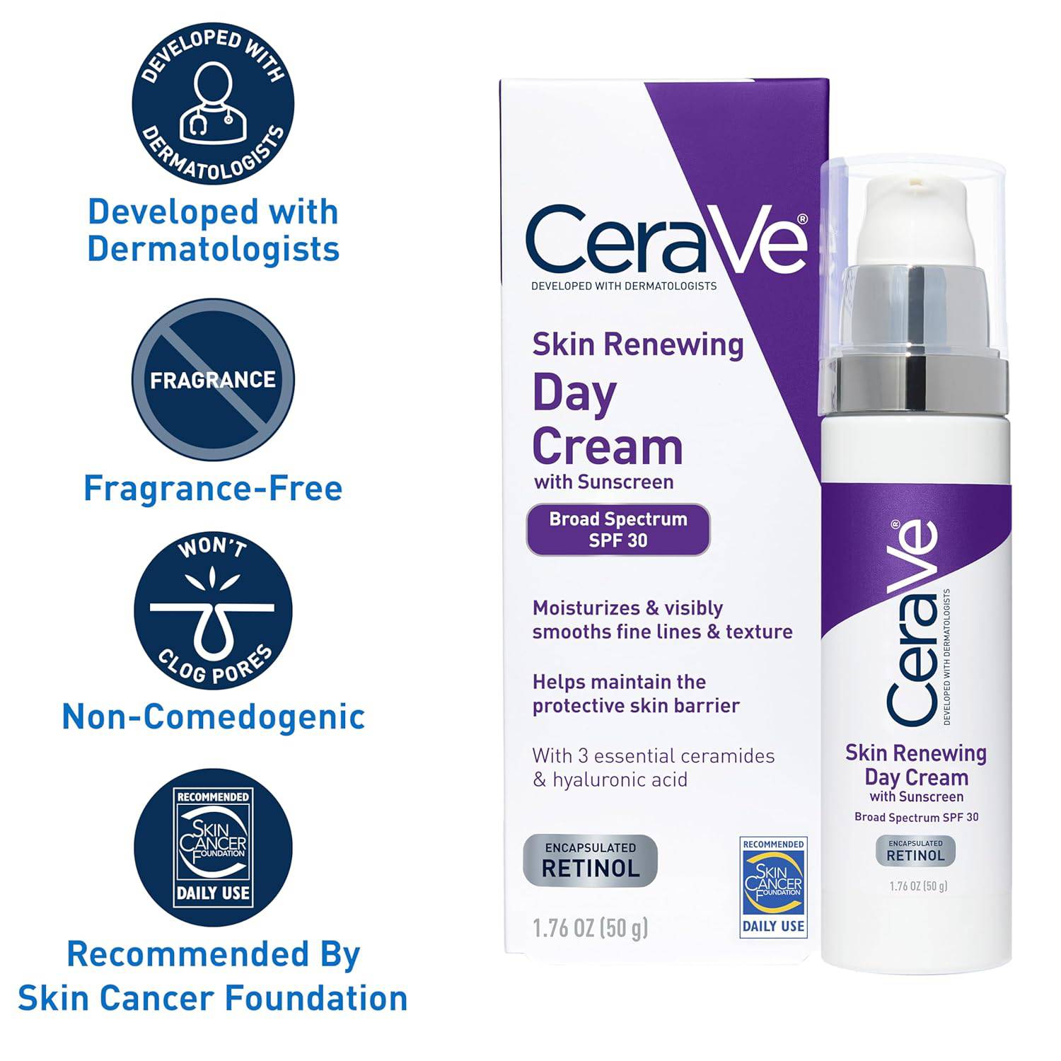 CeraVe Anti-Aging Face Cream with SPF 30, featuring retinol, hyaluronic acid, and ceramides in a 1.76 oz jar.