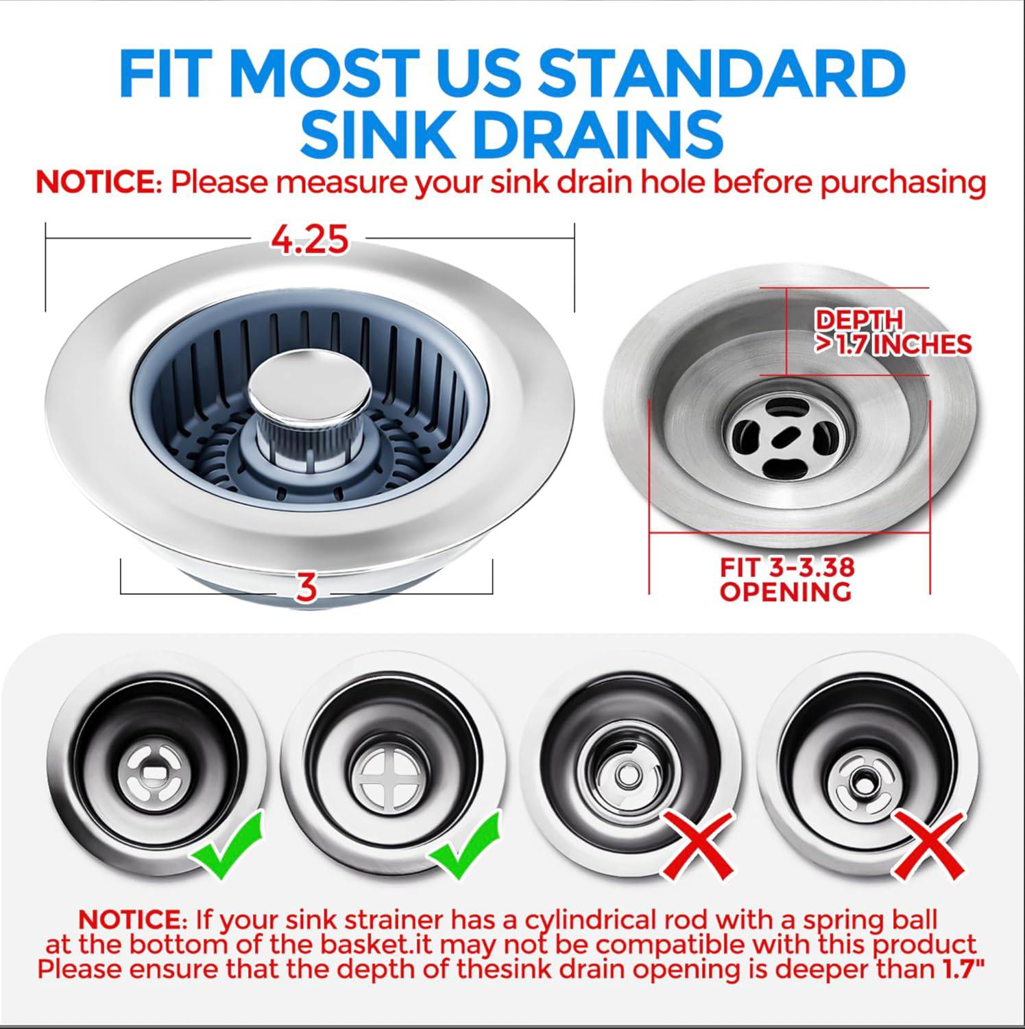 Sink Drain Strainer - Sink Stopper Kitchen Drain, 3 in 1 Kitchen Sink Drain Strainer with Anti-Clogging Basket, Kitchen Gadgets Clearance Sink Accessories, Fit US Standard 3-1/2'' Sink Hole, Silver