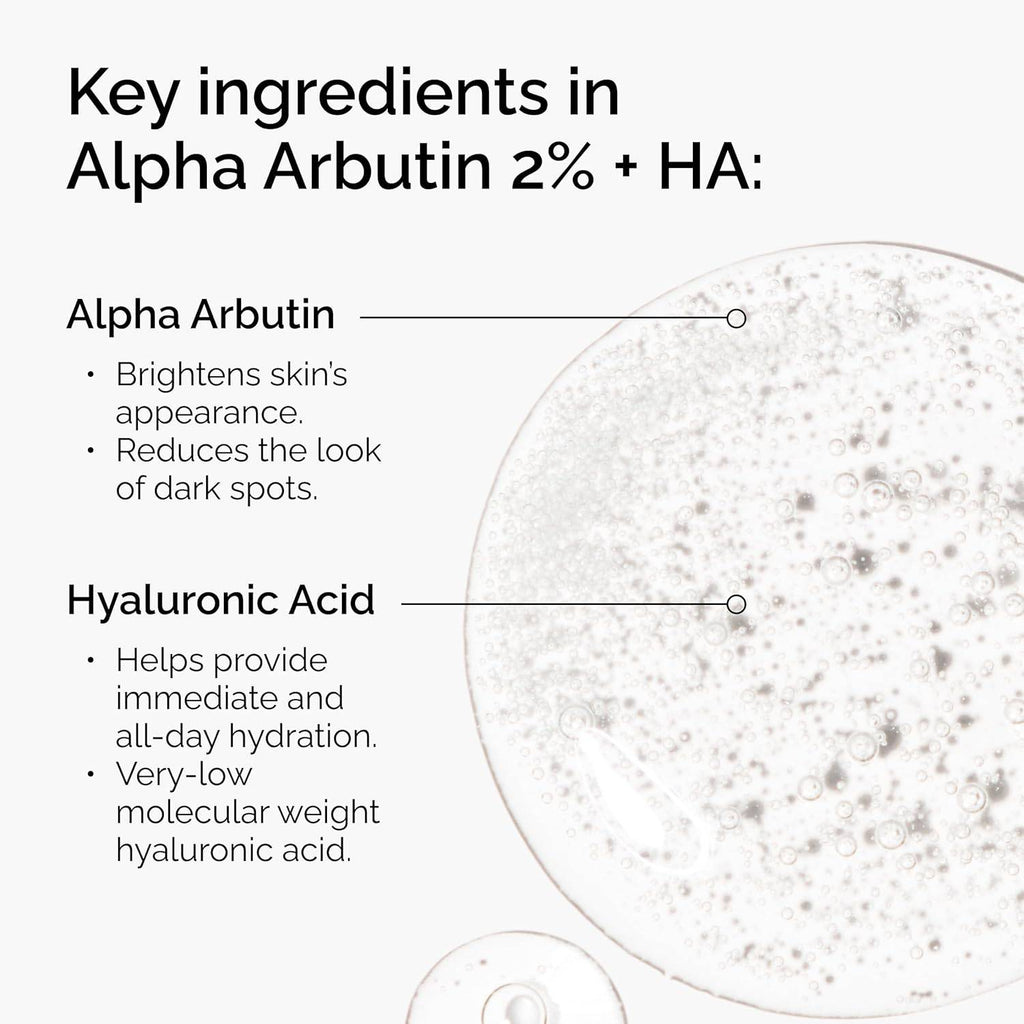 SlimBag The Ordinary Alpha Arbutin 2% and Hyaluronic Acid serum in a 1 fl oz bottle, highlighting brightening and dark spot targeting.