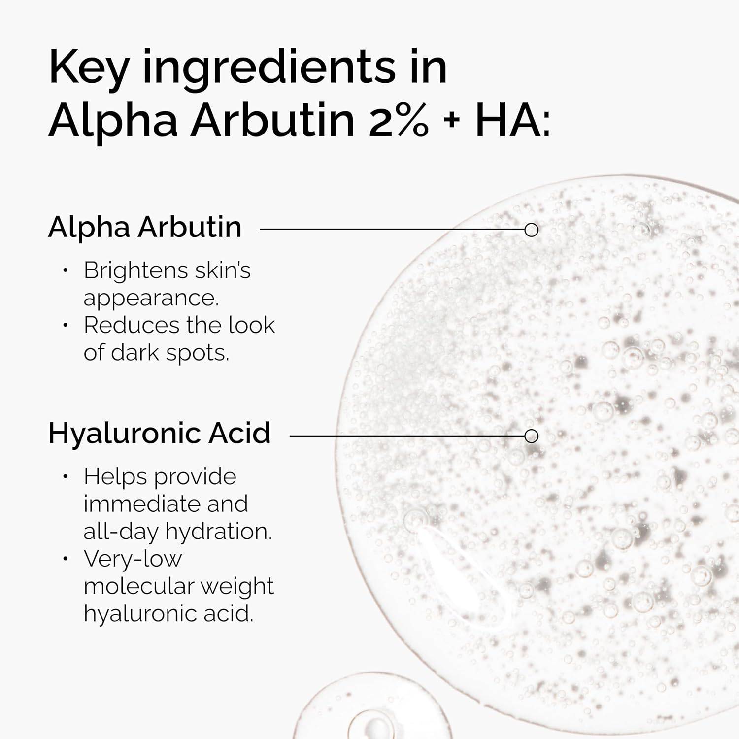 SlimBag The Ordinary Alpha Arbutin 2% and Hyaluronic Acid serum in a 1 fl oz bottle, highlighting brightening and dark spot targeting.