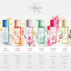 Calvin Klein Hair & Body Perfume Mist with fruity vanilla floral scent, featuring a sleek bottle and hydrating formula for women and men.