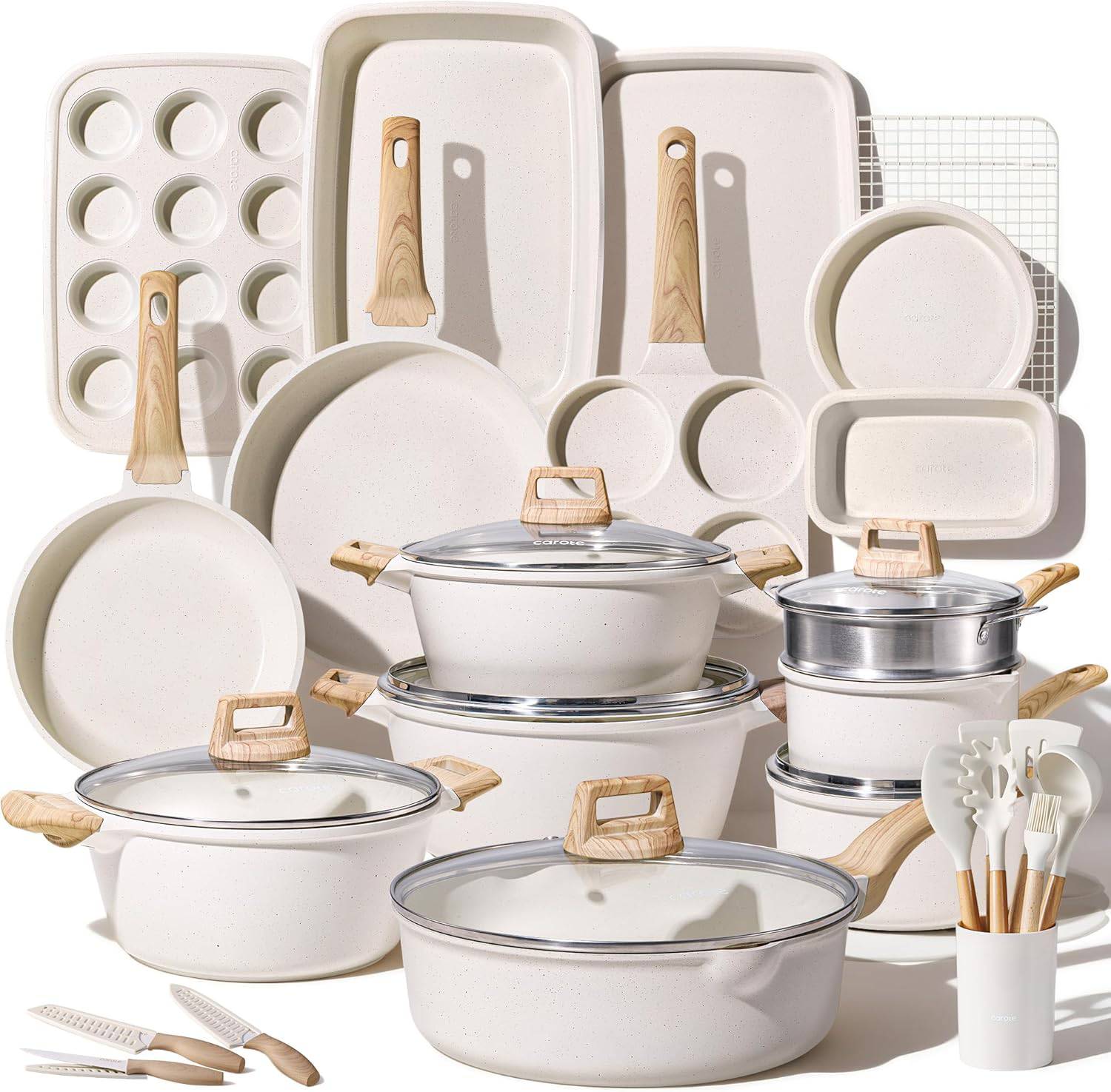 CAROTE 44pcs Pots and Pan Set Nonstick, Cookware Sets, Cooking Set Non Stick, Induction Cook Ware with Bakeware Set, Kitchen Knife Set