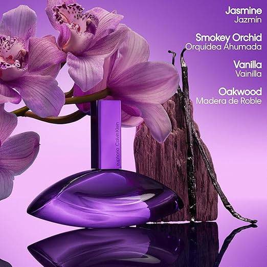 Calvin Klein Euphoria Bold Elixir perfume for women featuring jasmine, smoky orchid, vanilla, and oakwood notes in a sleek bottle.