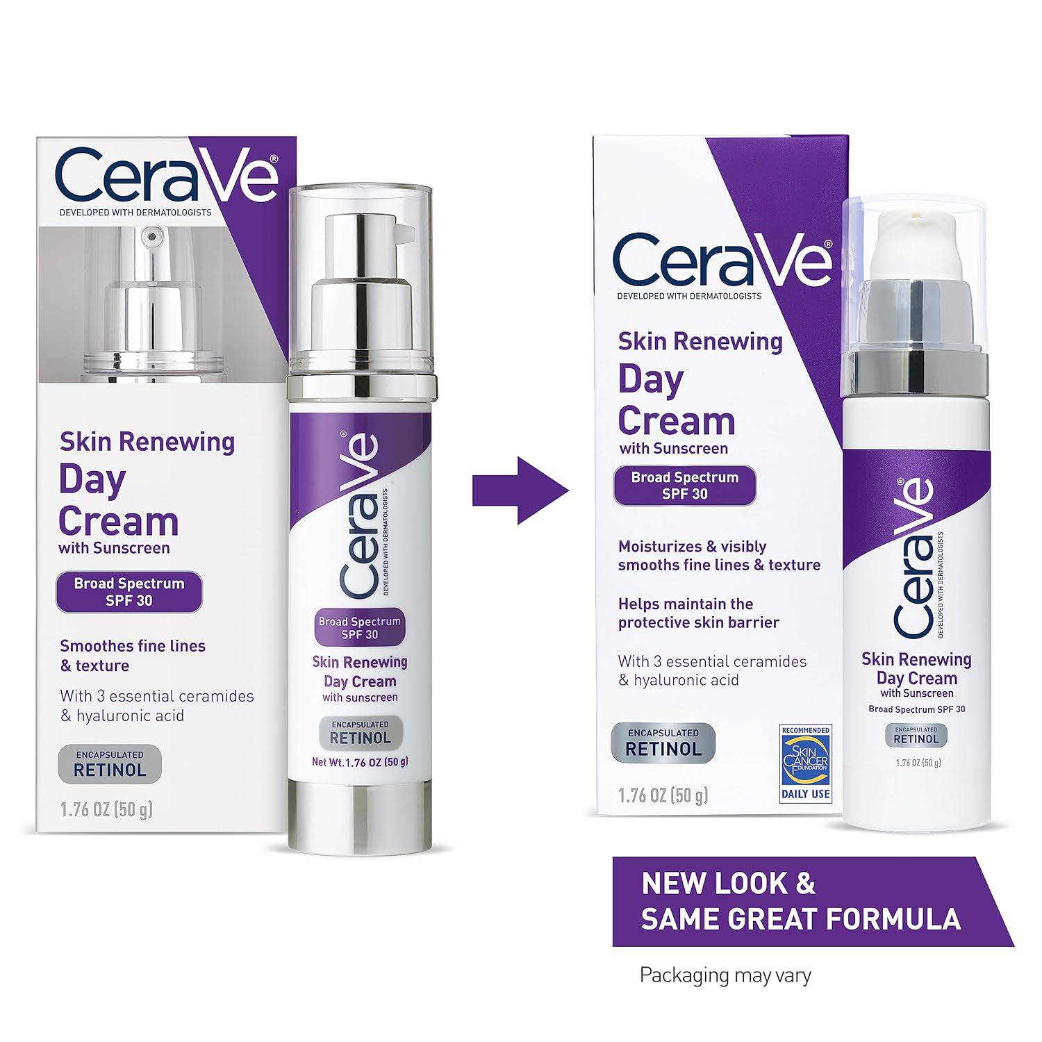 CeraVe anti-aging face cream with SPF 30, retinol, hyaluronic acid, and ceramides in a 1.76 oz jar, suitable for wrinkle reduction.