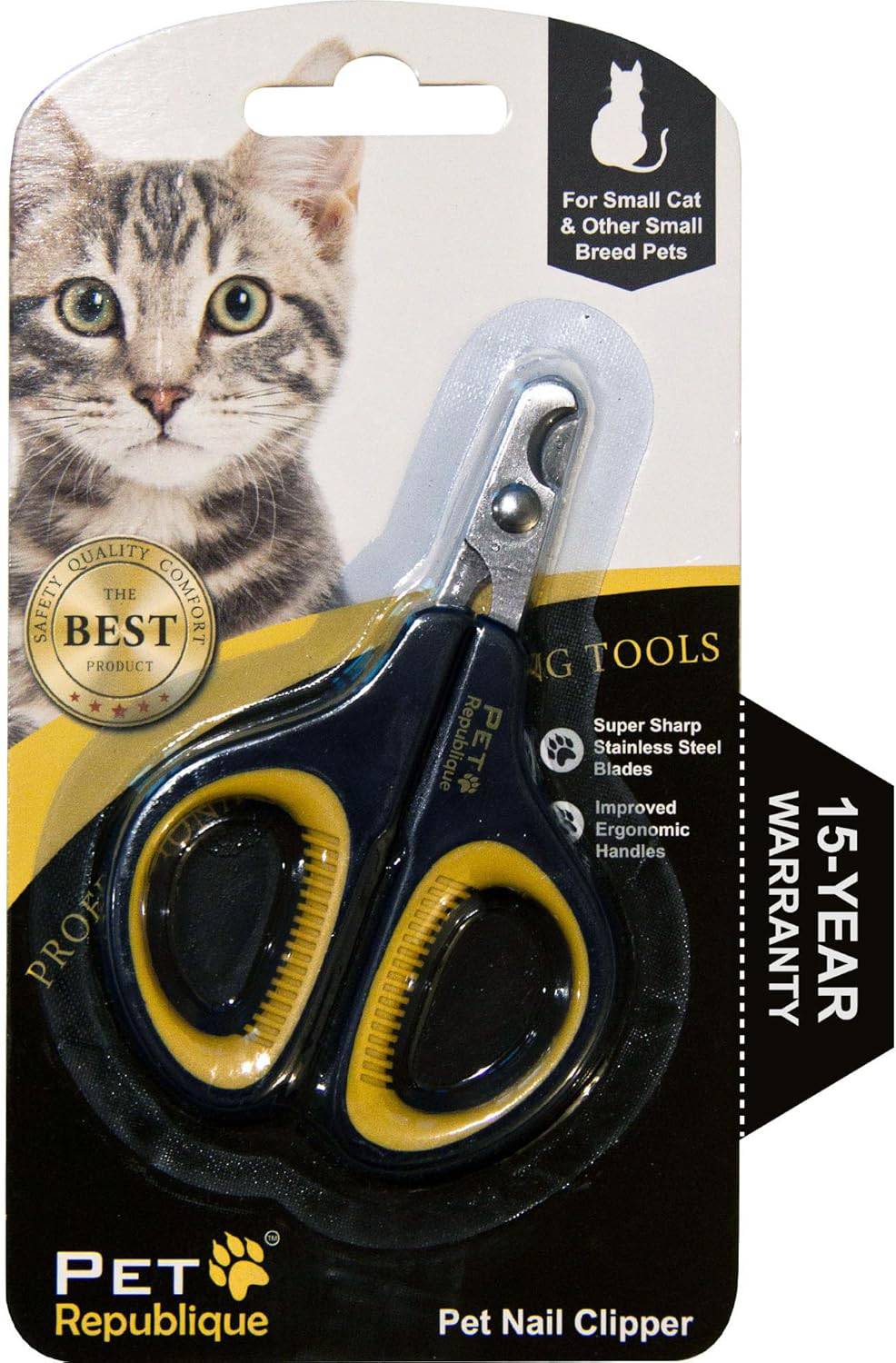 Pet Republique stainless steel cat nail clippers with black and yellow handle for trimming claws of cats, kittens, small animals, and birds.