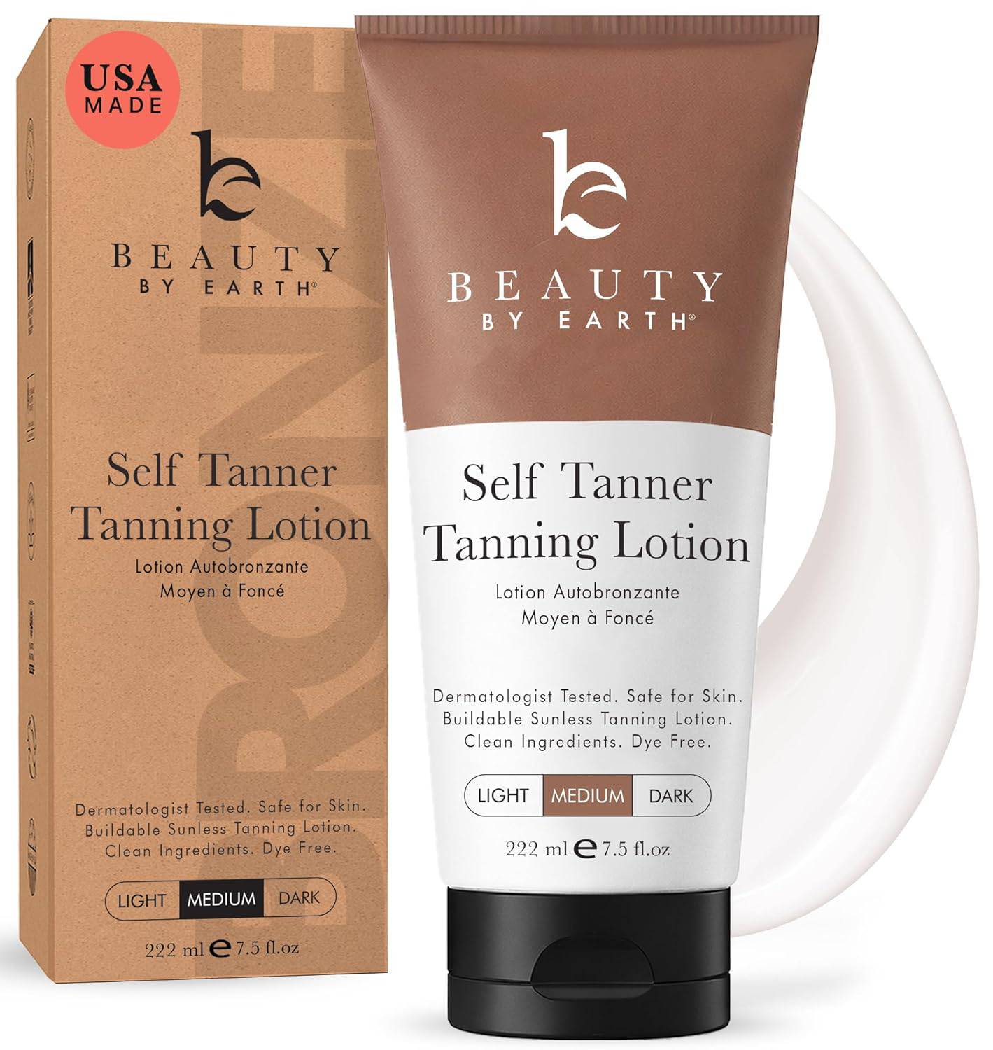 Beauty by Earth self tanning lotion with aloe vera and coconut for a natural, streak-free glow in medium shade.