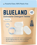 BLUELAND 100% Plastic-Free Dishwasher Detergent Tablets, 60 Count, Free & Clear, Eco-Friendly Dishwashing Pods, Natural, USDA Certified biobased