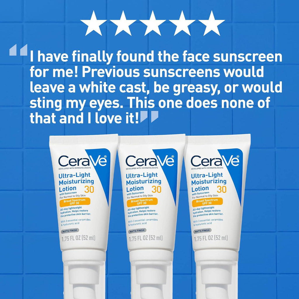 SlimBag CeraVe Ultra-Light Moisturizing Lotion with SPF 30, oil-free face moisturizer with hyaluronic acid and ceramides.