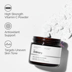 SlimBag Vitamin C powder from The Ordinary, 0.7 oz jar with white lid, showing the anti-aging skincare supplement in a clear container.
