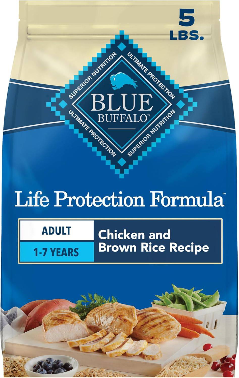 Blue Buffalo Life Protection Formula chicken and brown rice dry dog food in 5 lb bag, supports immunity, skin, coat, and muscle health