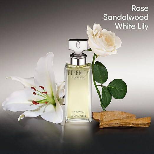 Calvin Klein Eternity floral women's perfume bottle with bergamot, white lily, white rose, sandalwood, and amber notes.