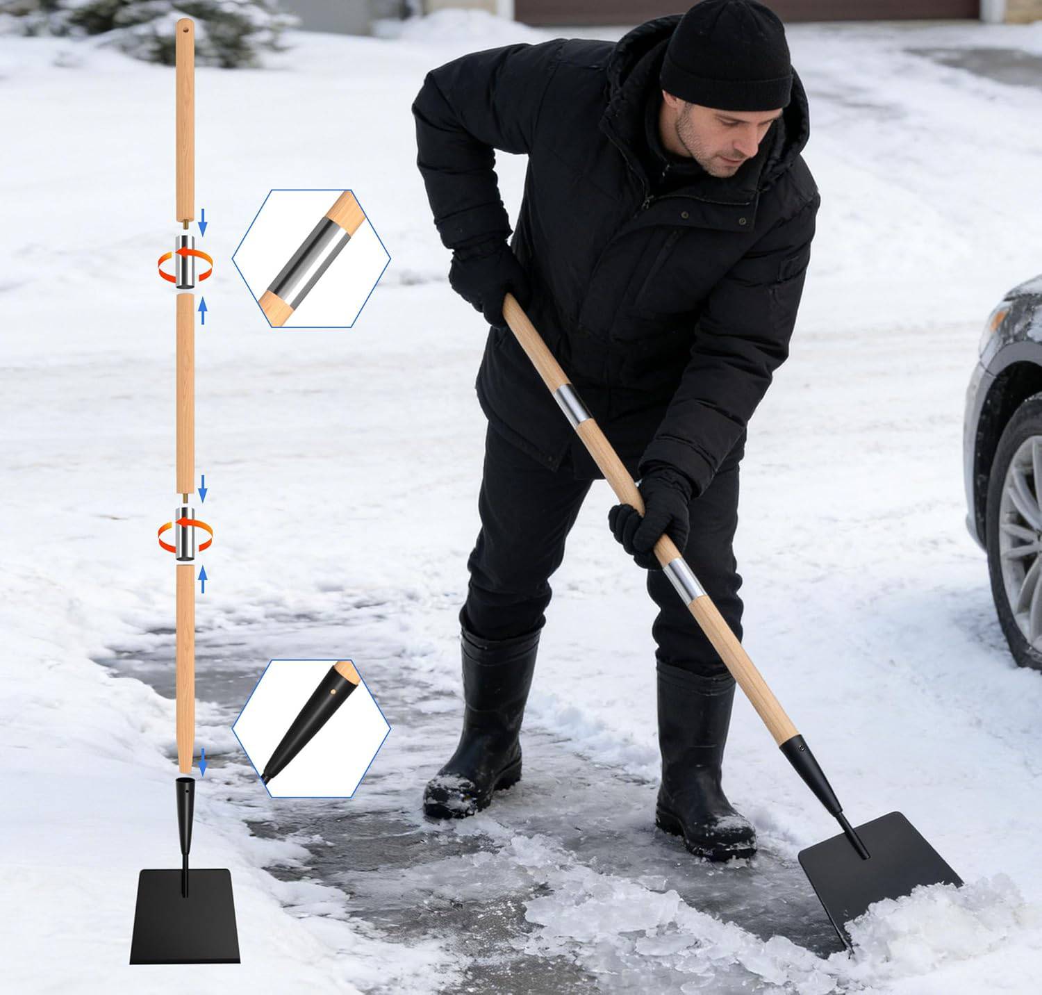 Wooden Handle Ice Scraper&Chopper for Driveway Sidewalk, Heavy Duty Ice Chipper, Ice Breaker Tool, Ice Shovel&Chisel&Spud, Floor Scraper for Ice Removal(56In)