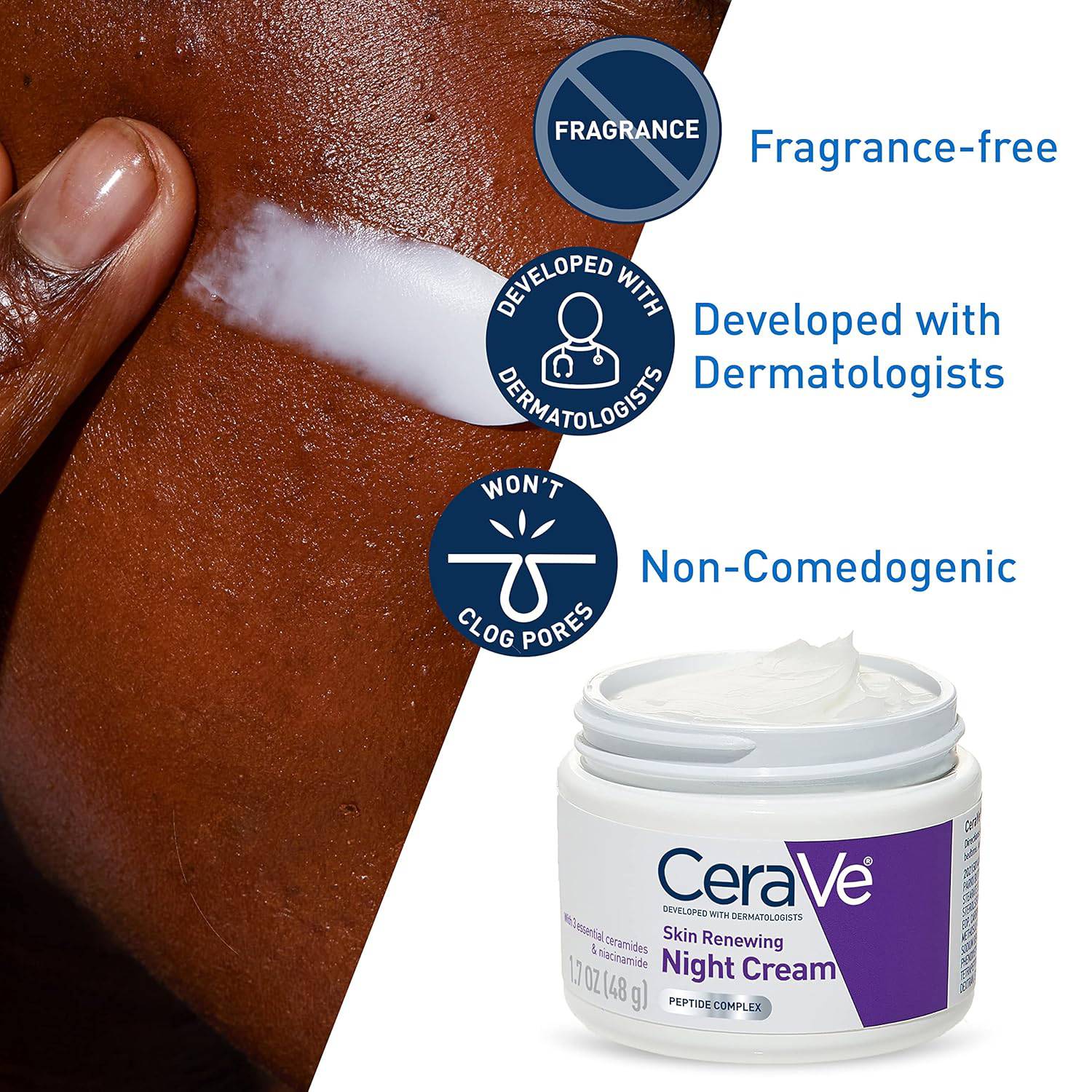 CeraVe Skin Renewing Night Cream, Niacinamide, Peptide Complex, and Hyaluronic Acid Moisturizer for Face, 1.7 Ounce, Packaging may Vary