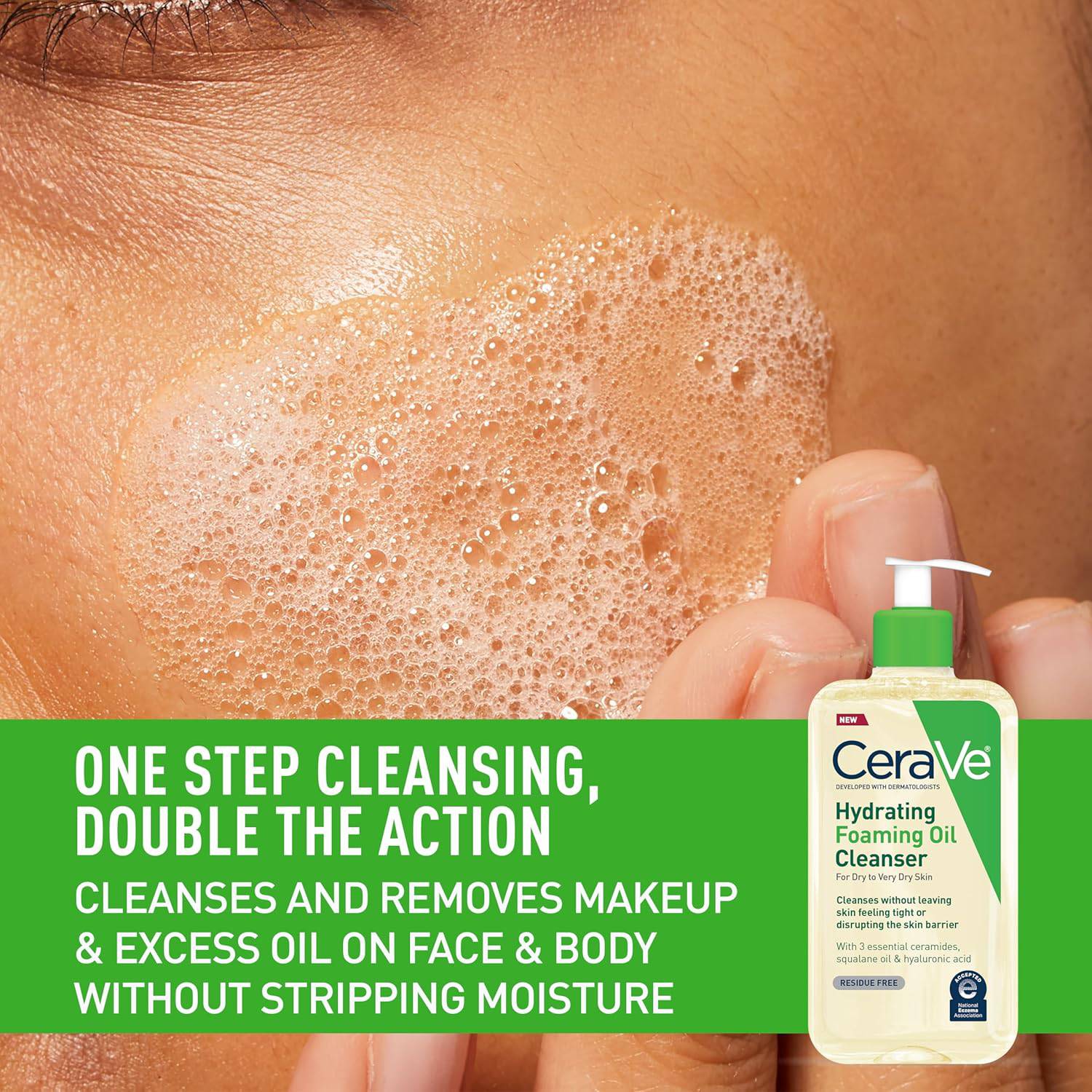 SlimBag CeraVe Hydrating Foaming Oil Facial Cleanser with Hyaluronic Acid in 8oz bottle, showing the product and packaging
