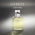 Calvin Klein Eternity men's cologne bottle featuring fougère scent with mandarin and sage notes, displayed on a neutral background.