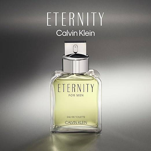 Calvin Klein Eternity men's cologne bottle featuring fougère scent with mandarin and sage notes, displayed on a neutral background.