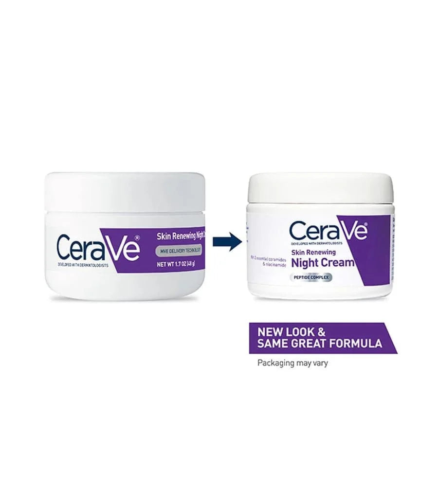 CeraVe Skin Renewing Night Cream jar with white lid and blue label, emphasizing hydration and skin renewal.