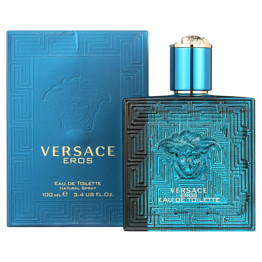 Versace Eros for Men 3.4 oz Eau de Toilette Spray bottle with a sleek design, displayed on a plain background.
