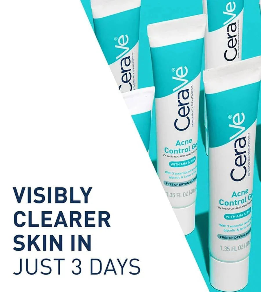 SlimBag CeraVe Acne Control Gel showing clear skin and product packaging on a desktop for effective acne treatment.
