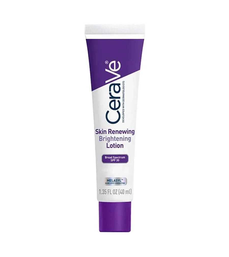 CeraVe Skin Renewing Brightening Lotion with SPF 30 in a sleek bottle, featuring a pump dispenser and product label.
