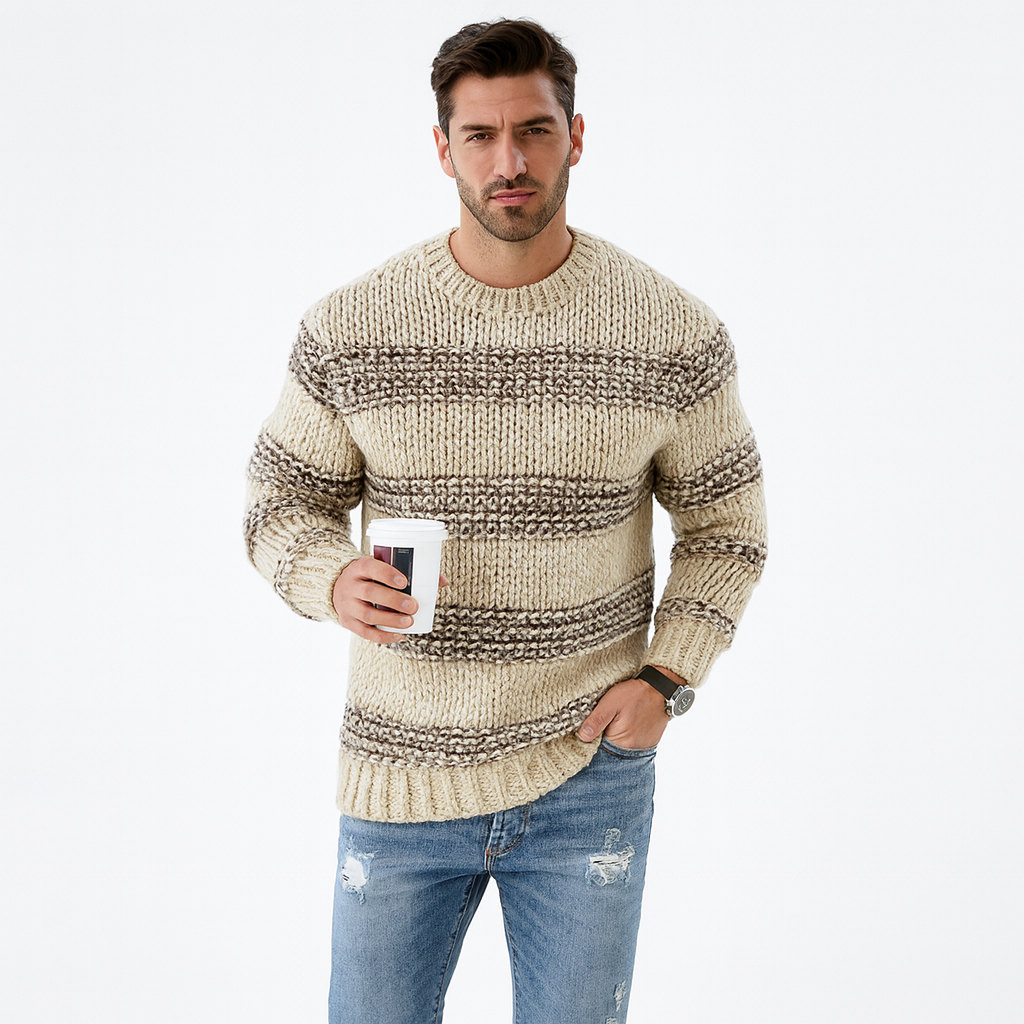 Men’s Ribbed Knit Sweater | Warm Striped Pullover