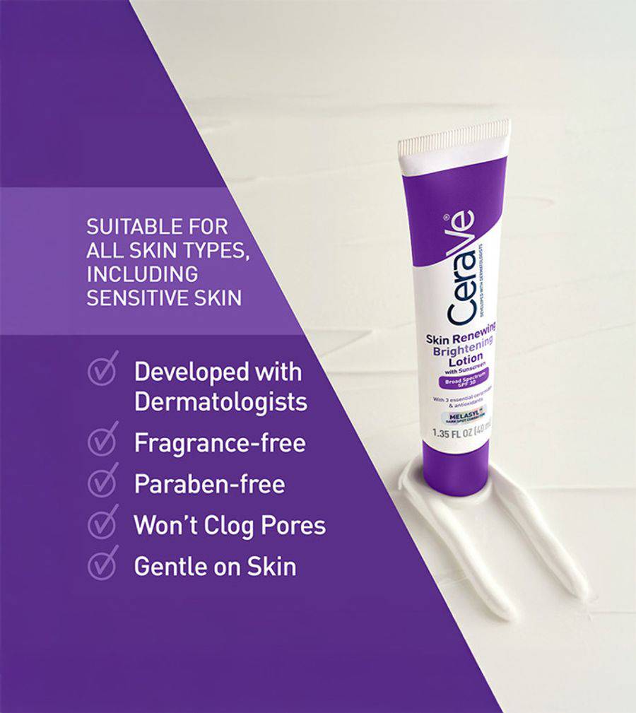SlimBag Skin Renewing Brightening Lotion with SPF 30, featuring a sleek bottle and fresh, radiant skin on a model's face.