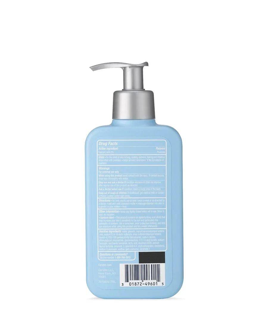 Back view of SlimBag CeraVe Psoriasis Cleanser bottle with label showing product details and branding.