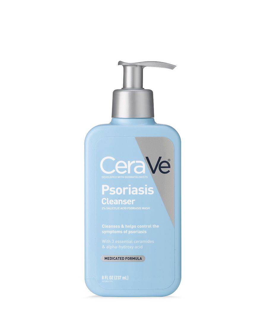 Front view of SlimBag CeraVe Psoriasis Cleanser bottle with label visible, showcasing the skincare product designed for psoriasis relief.