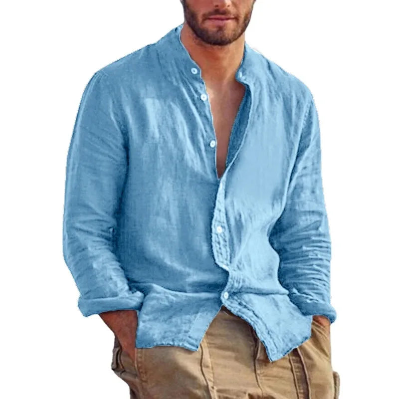 Casual Linen Shirt with Mandarin Collar for Men