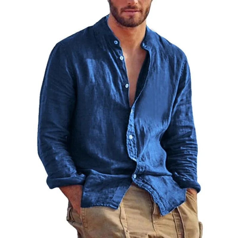 Casual Linen Shirt with Mandarin Collar for Men