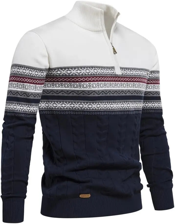 Men Half-Zip Sweater | Nordic Knit Pullover with Stand Collar