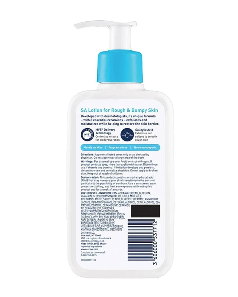 SlimBag CeraVe SA Lotion for rough and bumpy skin, showing a white bottle with pump dispenser and textured skin.