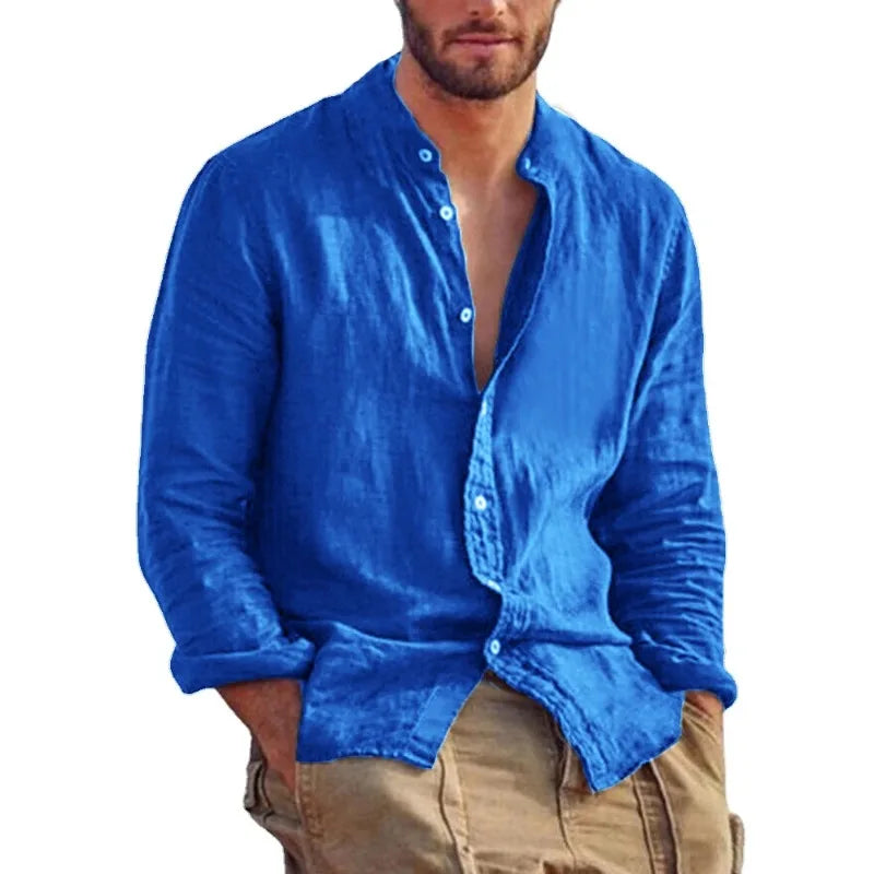 Casual Linen Shirt with Mandarin Collar for Men