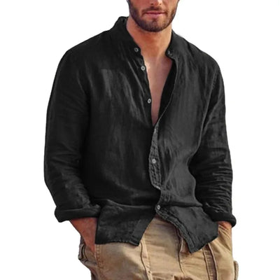Casual Linen Shirt with Mandarin Collar for Men