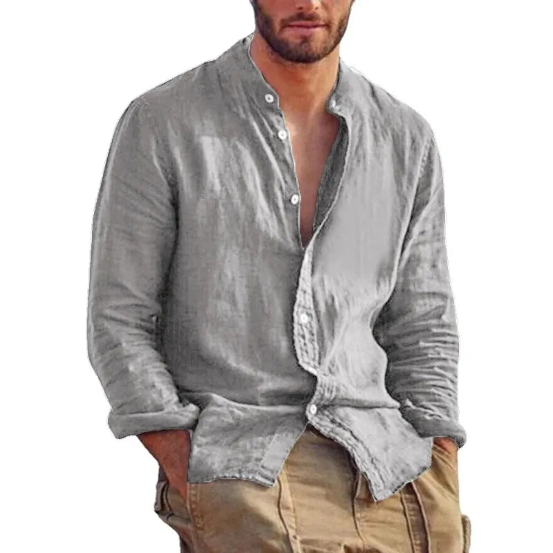 Casual Linen Shirt with Mandarin Collar for Men