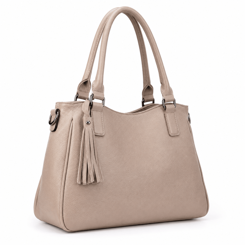 SlimBag beige faux leather tote handbag with sleek design and sturdy handles, perfect for everyday use.