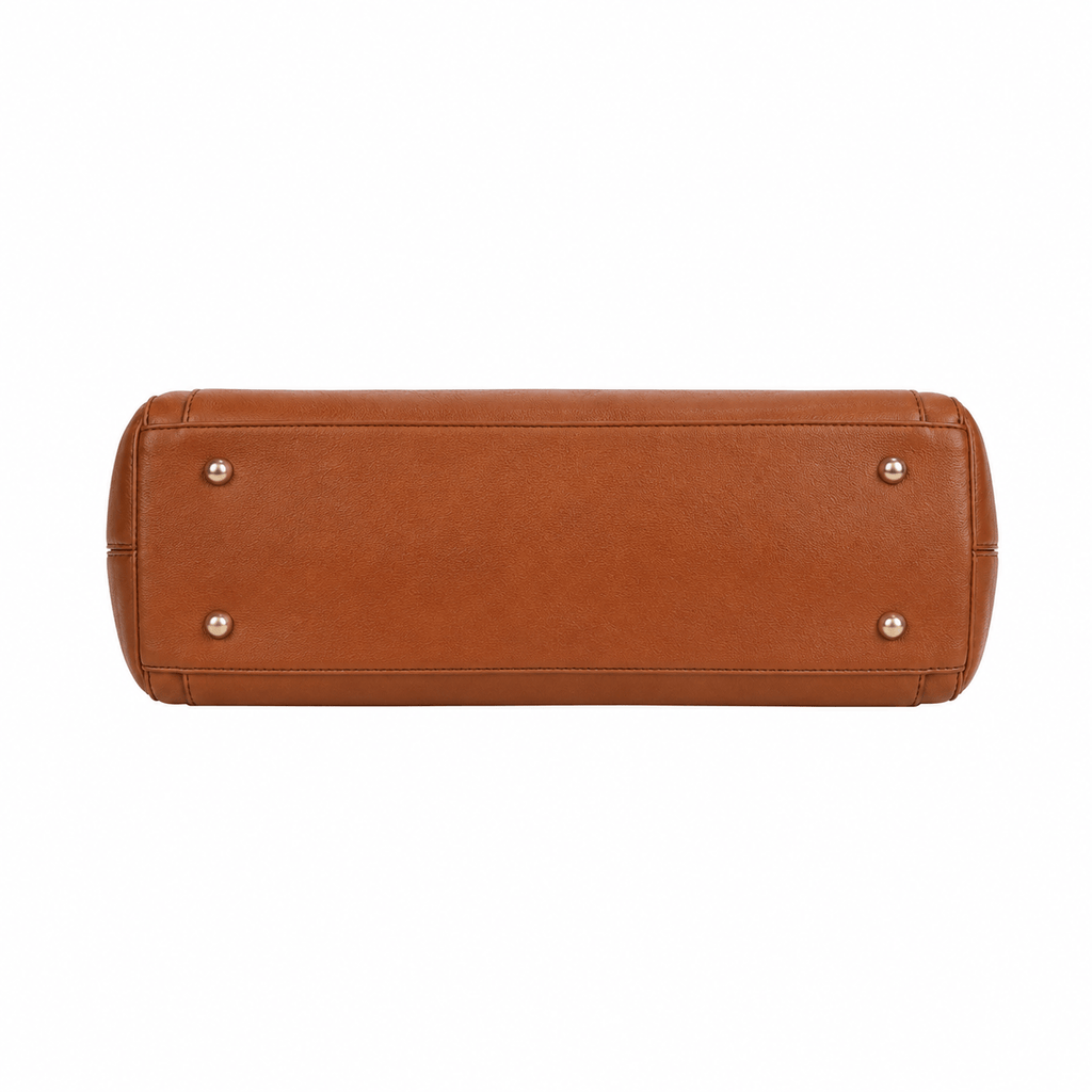 SlimBag brown faux leather tote shoulder handbag with sturdy handles and spacious interior.