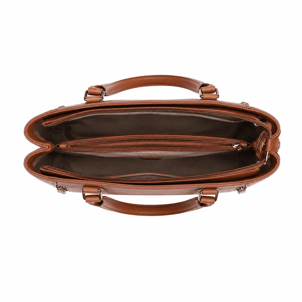 SlimBag brown faux leather tote shoulder handbag with structured design and top handles, stylish and versatile for everyday use.