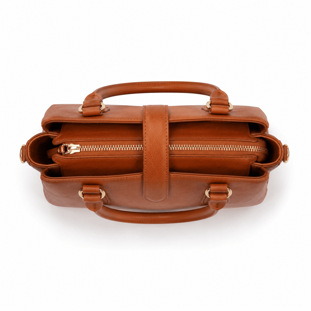 Brown SlimBag structured tote handbag with dual handles, showcasing a sleek and stylish design.