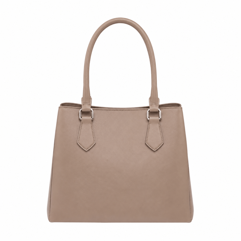 SlimBag taupe faux leather tote handbag with double handles and spacious interior, stylish and versatile for everyday use.