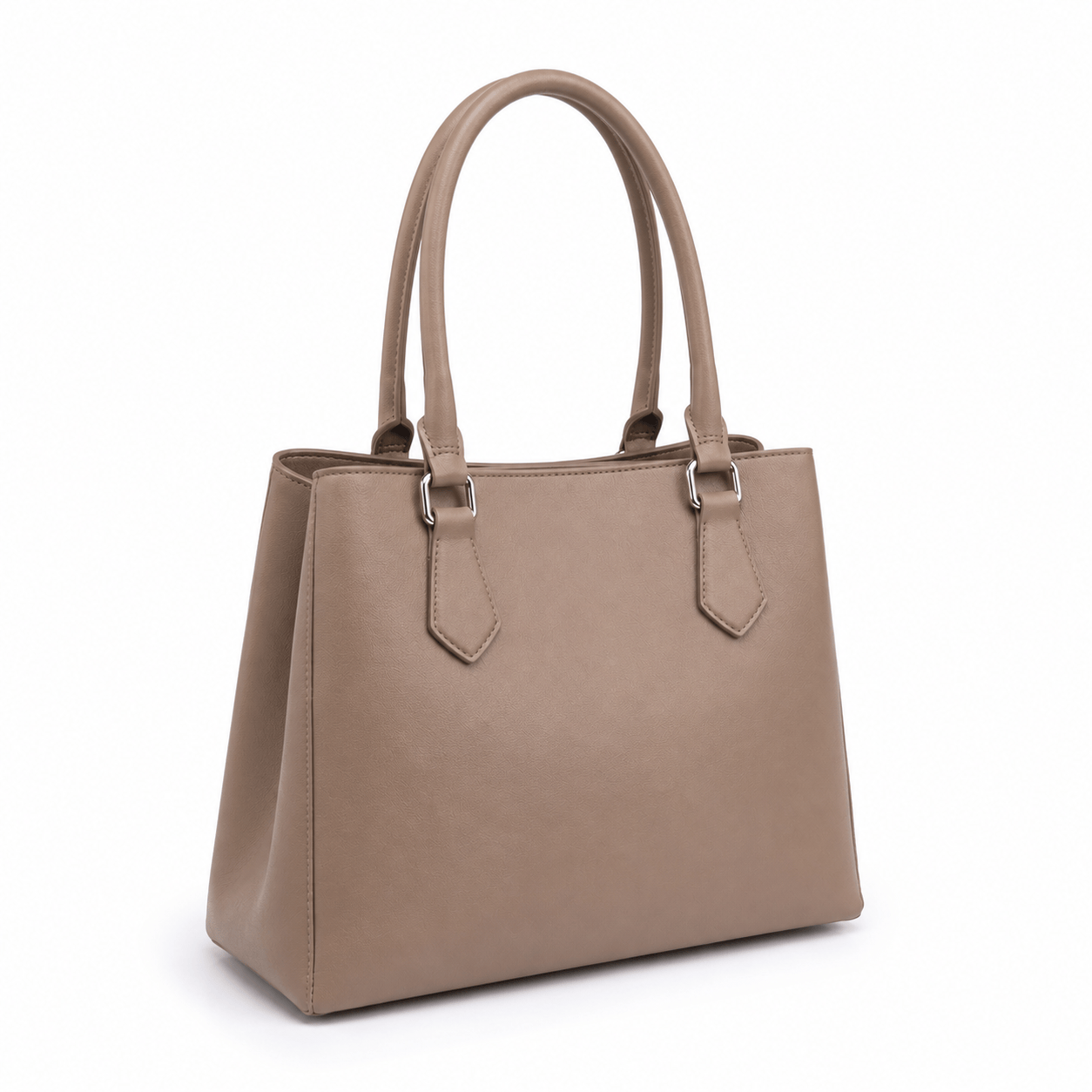 Taupe faux leather SlimBag tote handbag with sleek design and sturdy handles, perfect for everyday use.