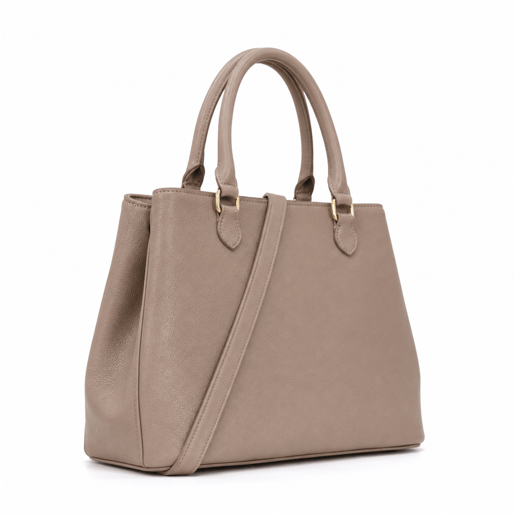 Taupe faux leather SlimBag tote handbag with shoulder strap, featuring a sleek design and spacious interior for everyday use.