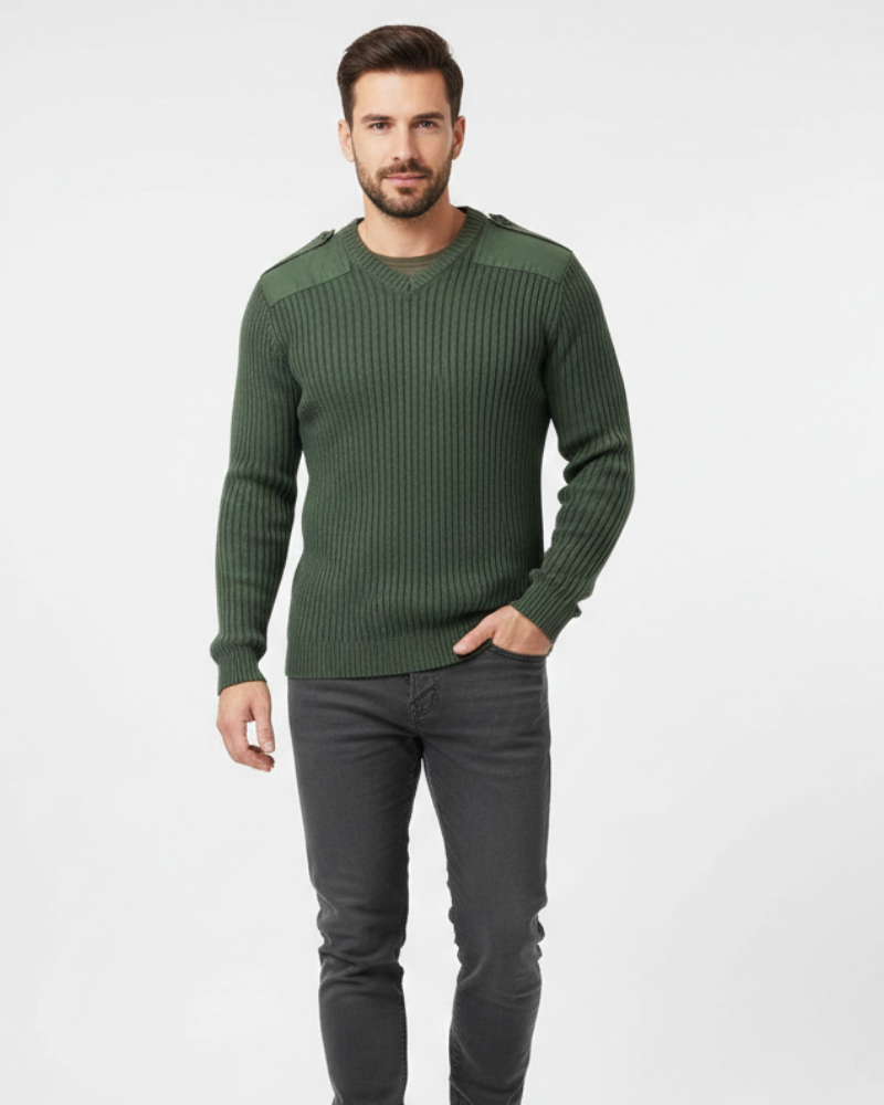 Men's Military V-Neck Sweater | Ribbed Knit Pullover