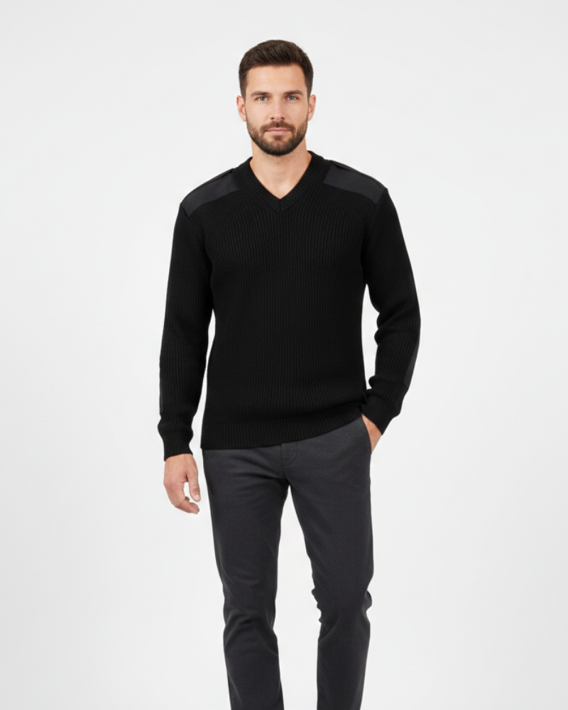 Men's Military V-Neck Sweater | Ribbed Knit Pullover