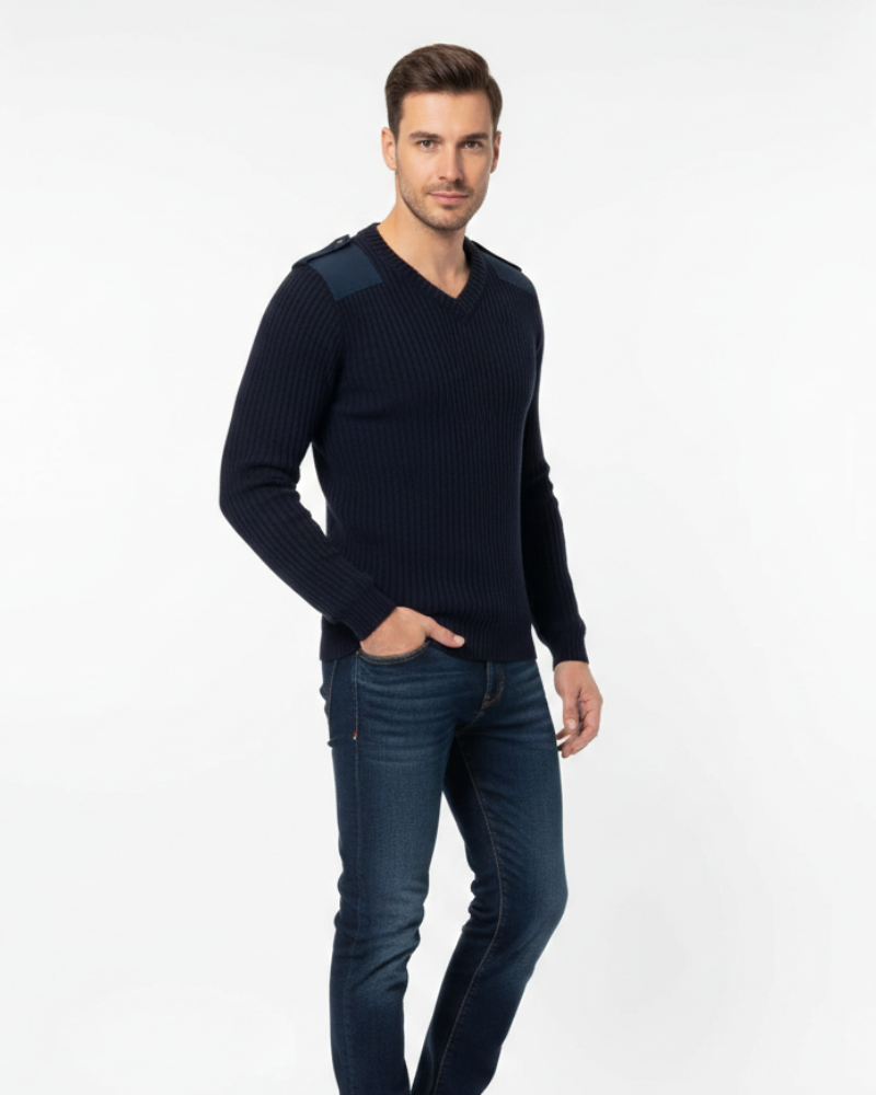 Men's Military V-Neck Sweater | Ribbed Knit Pullover