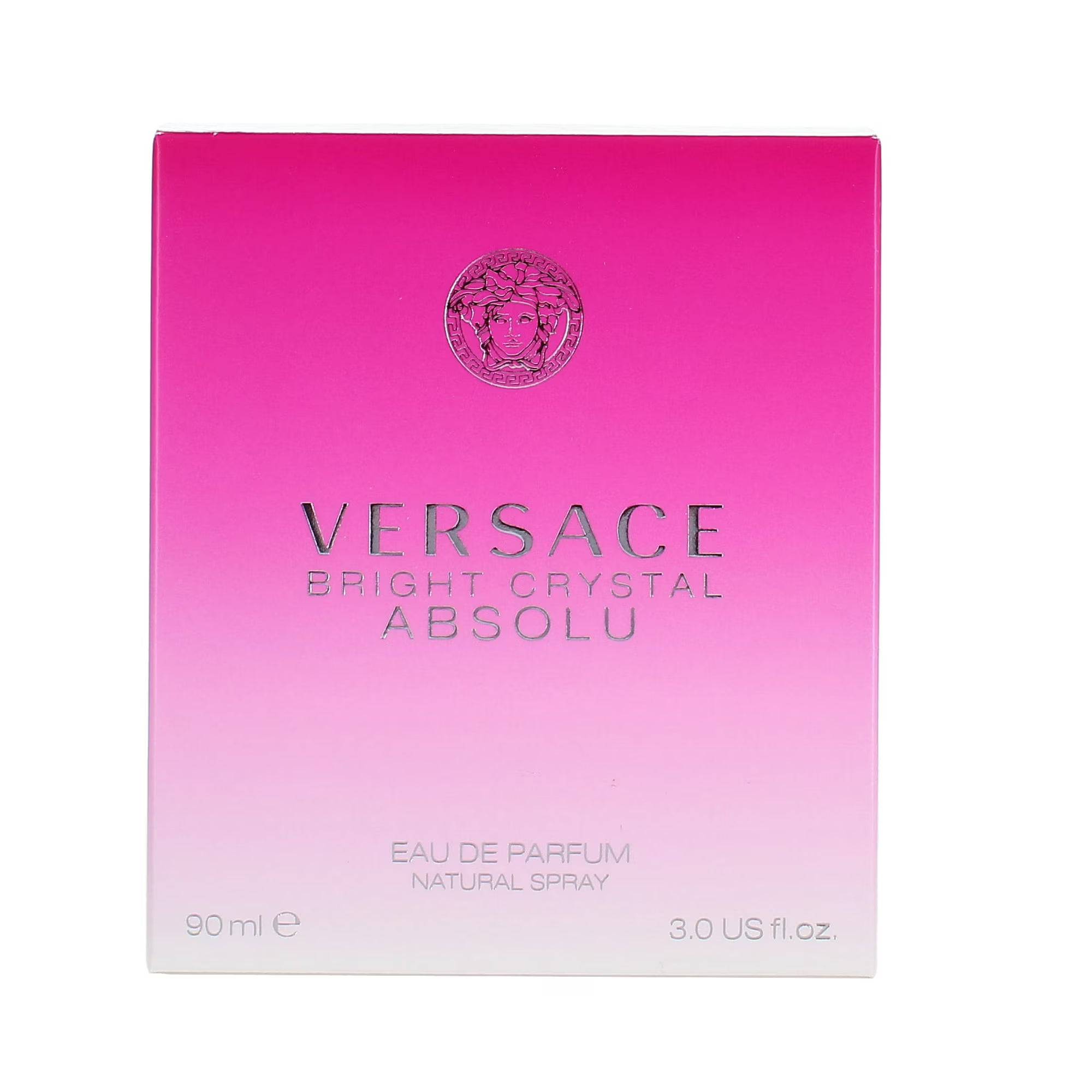 Versace Bright Crystal Absolu women’s 3 oz Eau de Parfum spray, floral fragrance with pink and purple accents, decorative perfume bottle