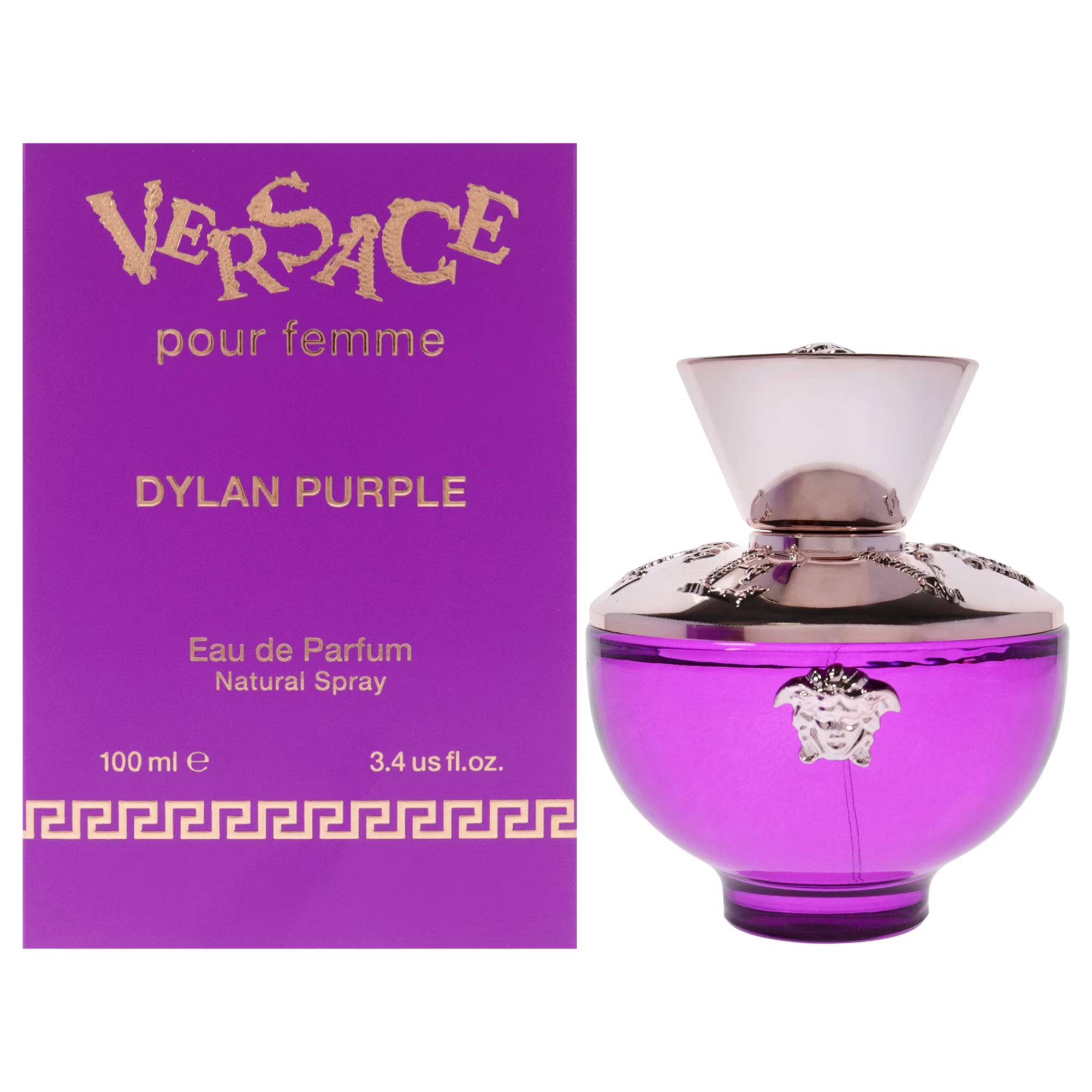 Versace Dylan Purple women’s 3.4 oz Eau de Parfum spray with purple packaging and sleek design, ideal for elegant fragrance.